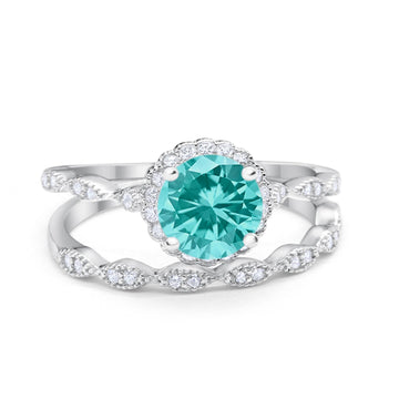 Two Piece Halo Wedding Ring Round Simulated Paraiba Tourmaline CZ 925 Sterling Silver